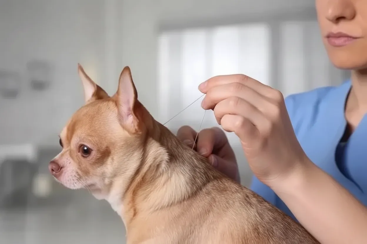 Petit chien en traitement d'acupuncture dans une clinique vétérinaire